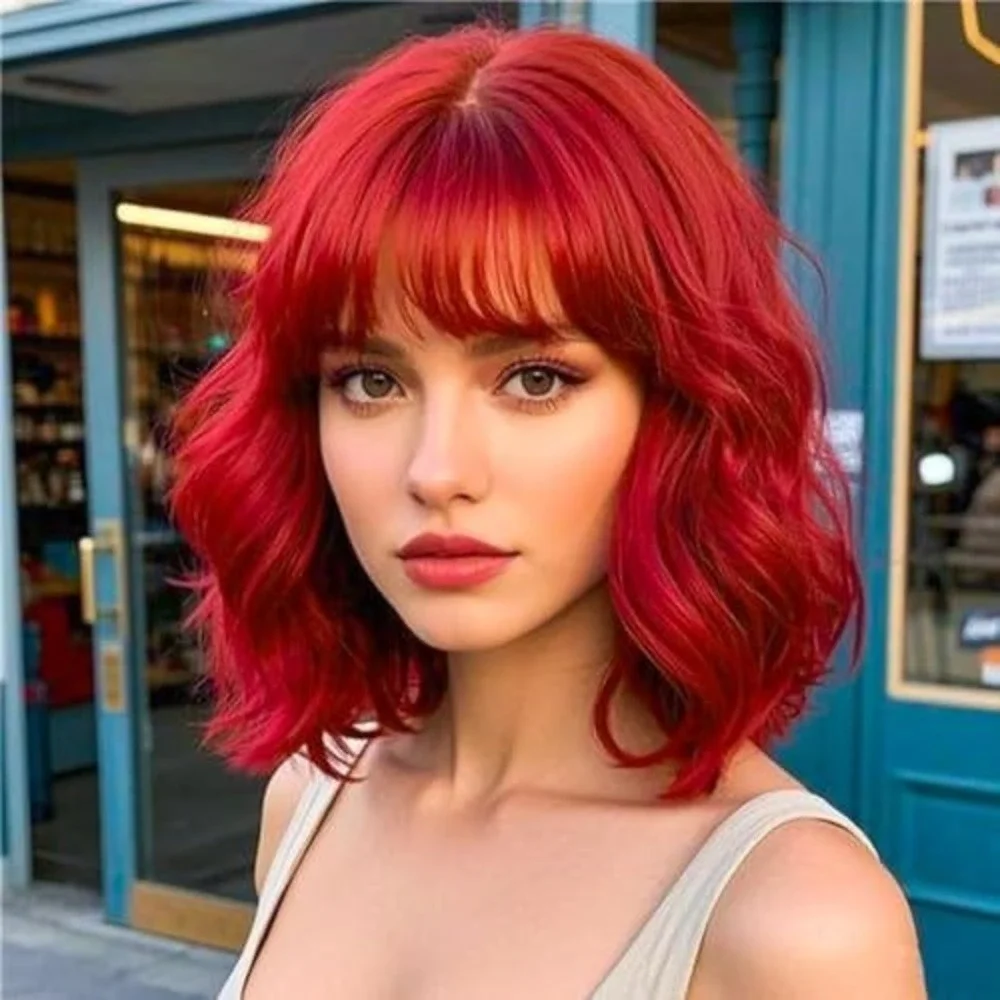 Vibrant Red Wavy Bob Wig‎ with Bangs Synthetic Shoulder Length Cosplay Hairpiece